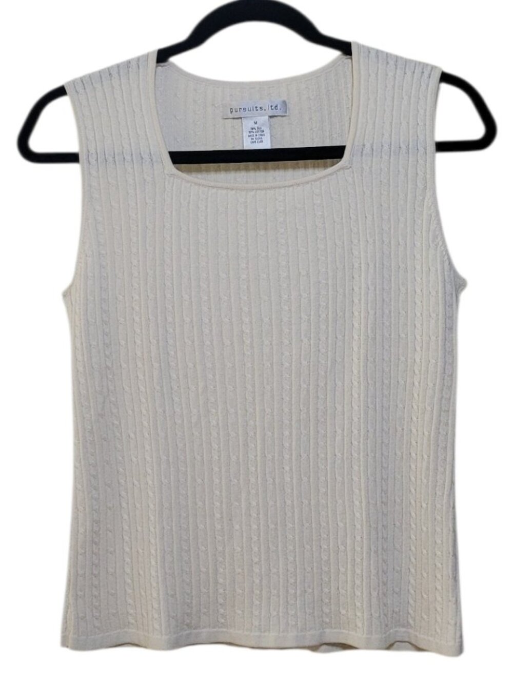 Pursuits Ltd Cable Knit Square Neck Tank Top Cream Medium 90s Vintage